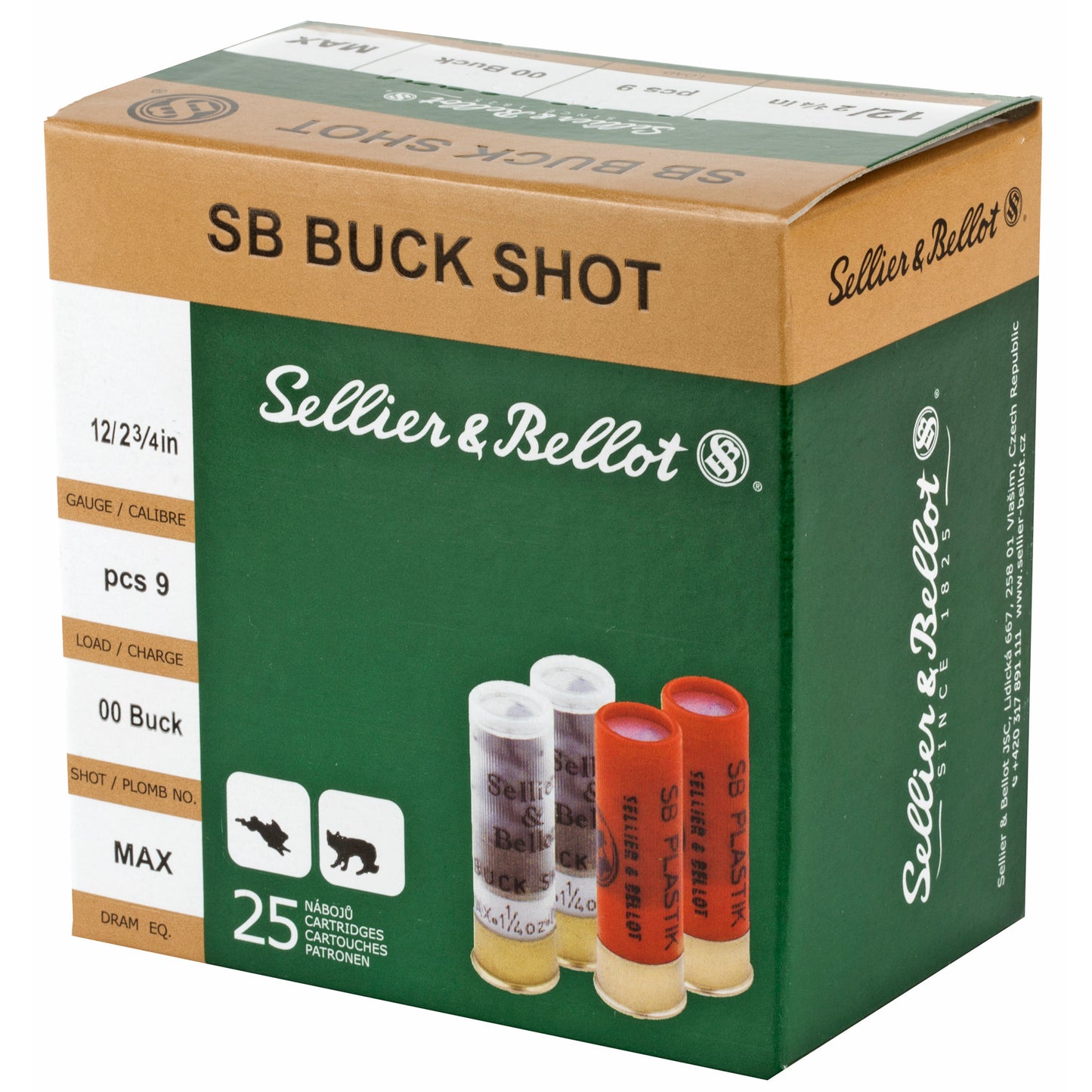 Sellier & Bellot, Shotshell, 12 Gauge, 2.75", 00 Buck, 9 Pellets  (25 Round Box)