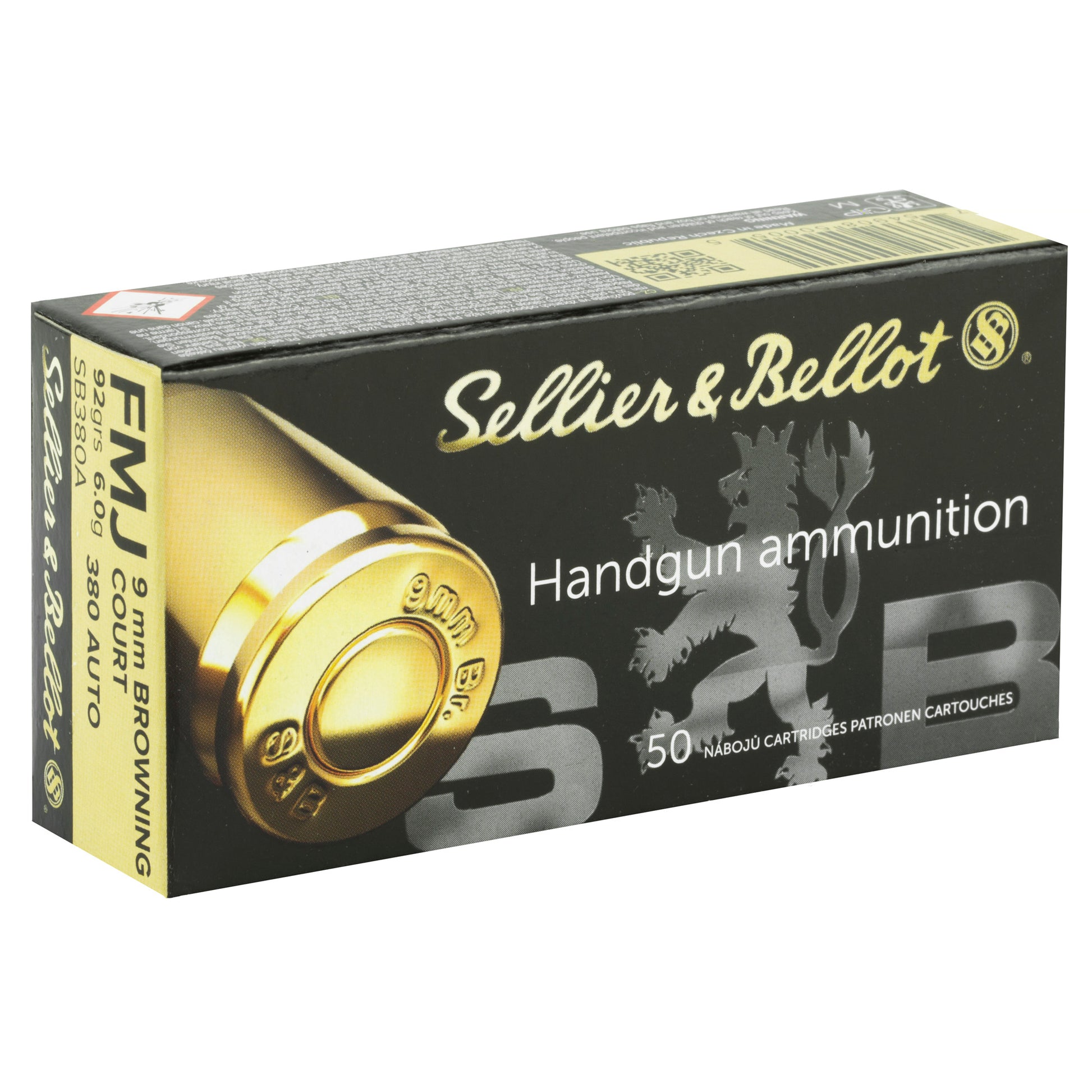 Sellier & Bellot Handgun Ammunition, .380, Automatic Colt Pistol, ACP, 92 Grain |Full Metal Jacket, FMJ | 50 Rounds per Box