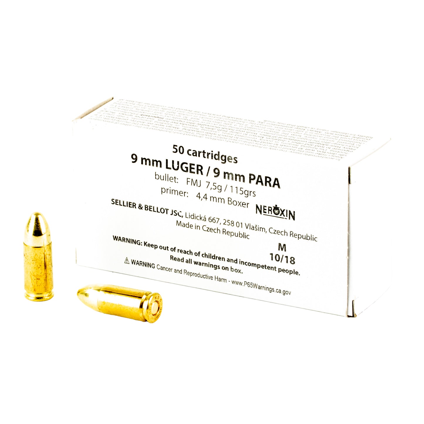 Sellier & Bellot 9mm Luger 115 Grain | Full Metal Jacket, FMJ| 1000 Round Case White Box Ammunition 