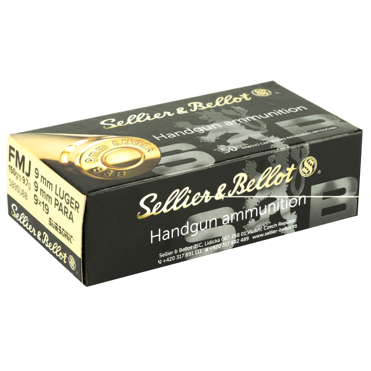 Sellier & Bellot, Handgun Ammunition, 9mm Luger, 150 Grain, Subsonic | Full Metal Jacket, FMJ | 50 Round Box 