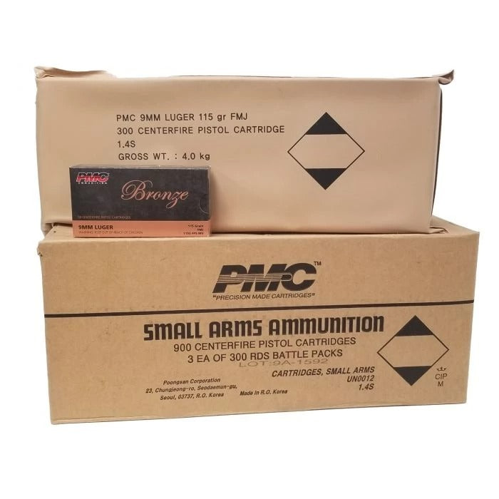 PMC Bronze Battle Pack 9mm Luger Handgun Ammo - 115 Grain | FMJ | 900rd (3 Battle Pack) Case