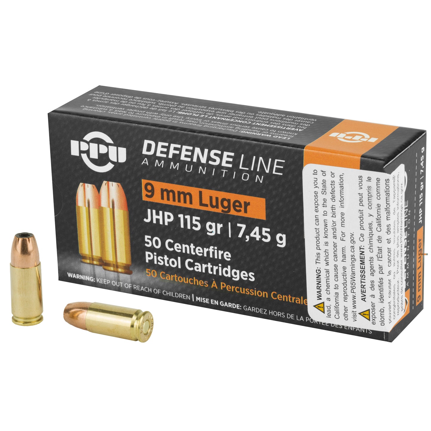 PPU, Defense Line Ammunition, 9mm Luger, 115 Grain | Jacketed Hollow Point, JHP | 50 Round Box 