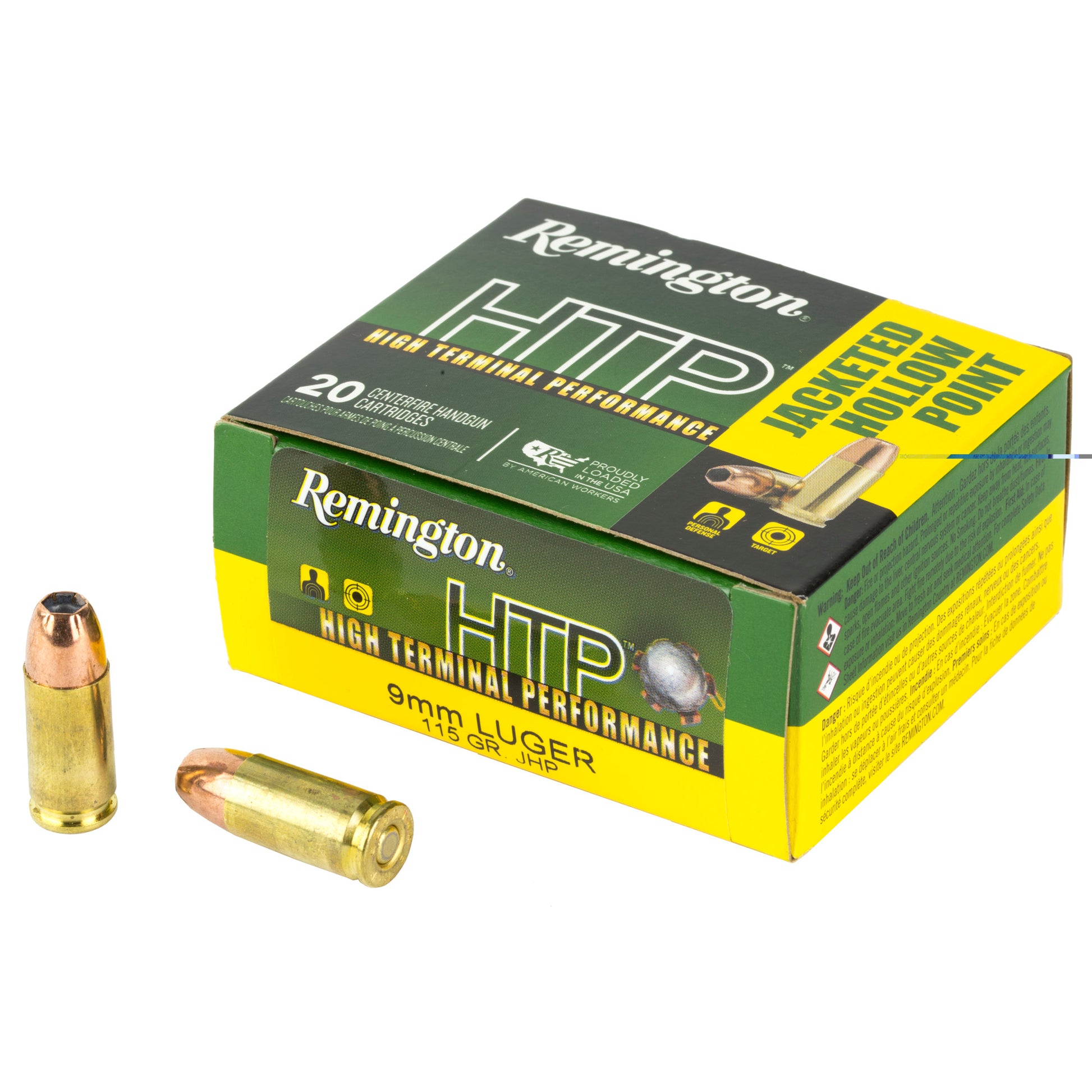 Remington, High Terminal Performance, HTP, 9mm Luger, 115 Grain | Jacketed Hollow Point, JHP | 20 Round Box 