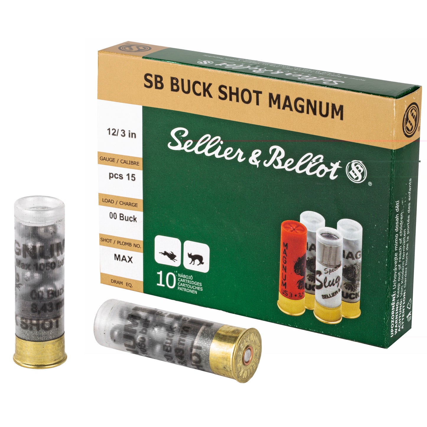 Sellier & Bellot, Shotshell, 12 Gauge, 3", 00 Buck, 15 Pellets  (10 Round Box)
