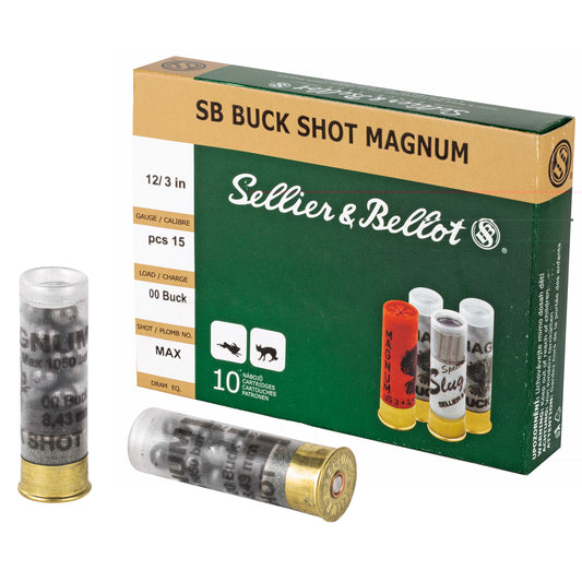 Sellier & Bellot, Shotshell, 12 Gauge, 3", 00 Buck, 15 Pellets  (10 Round Box)